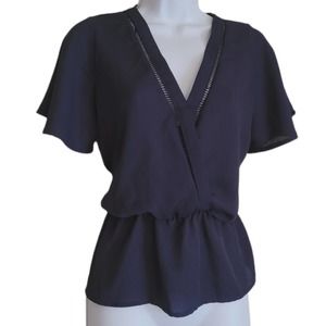 SIENNA SKY V Neck Waist Cinched Blouse Top Flattering Blue Short Sleeve Size Med
